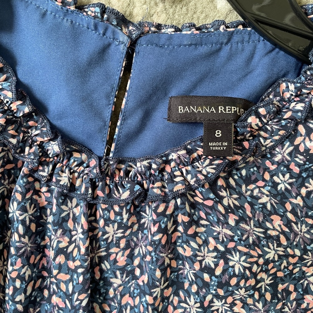 Banana Republic blue pink floral ruffle neck tie waist balloon sleeve dress 8